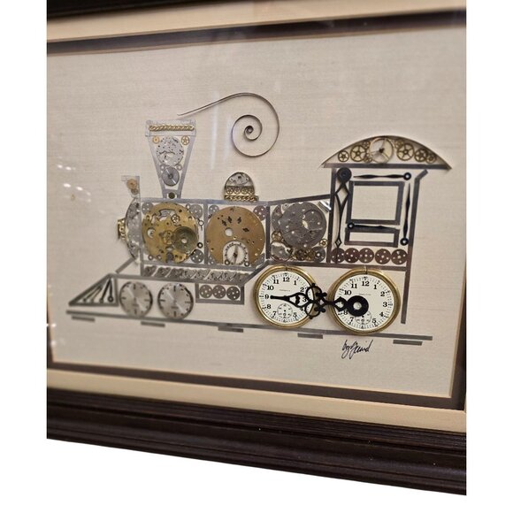 Shadowbox Framed Train Artwork Clock Parts Collage by Girard - Picture 2 of 8